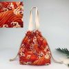 Japanese Style Cute Lunch Box Bento Bag Drawstring Canvas Lunch Bag Red Sea Wave Large Capacity Lunch Tote Bag