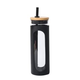 Glass Water Tumble Straw Silicone Bamboo Lids Iced Coffee Cup Bottle Reusable (Capacity: 590ML, Color: Black)