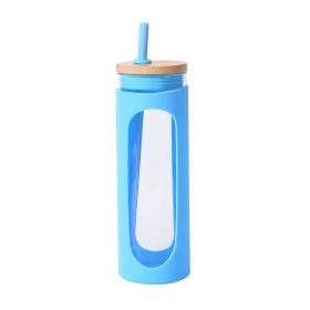 Glass Water Tumble Straw Silicone Bamboo Lids Iced Coffee Cup Bottle Reusable (Color: Blue, Capacity: 590ML)